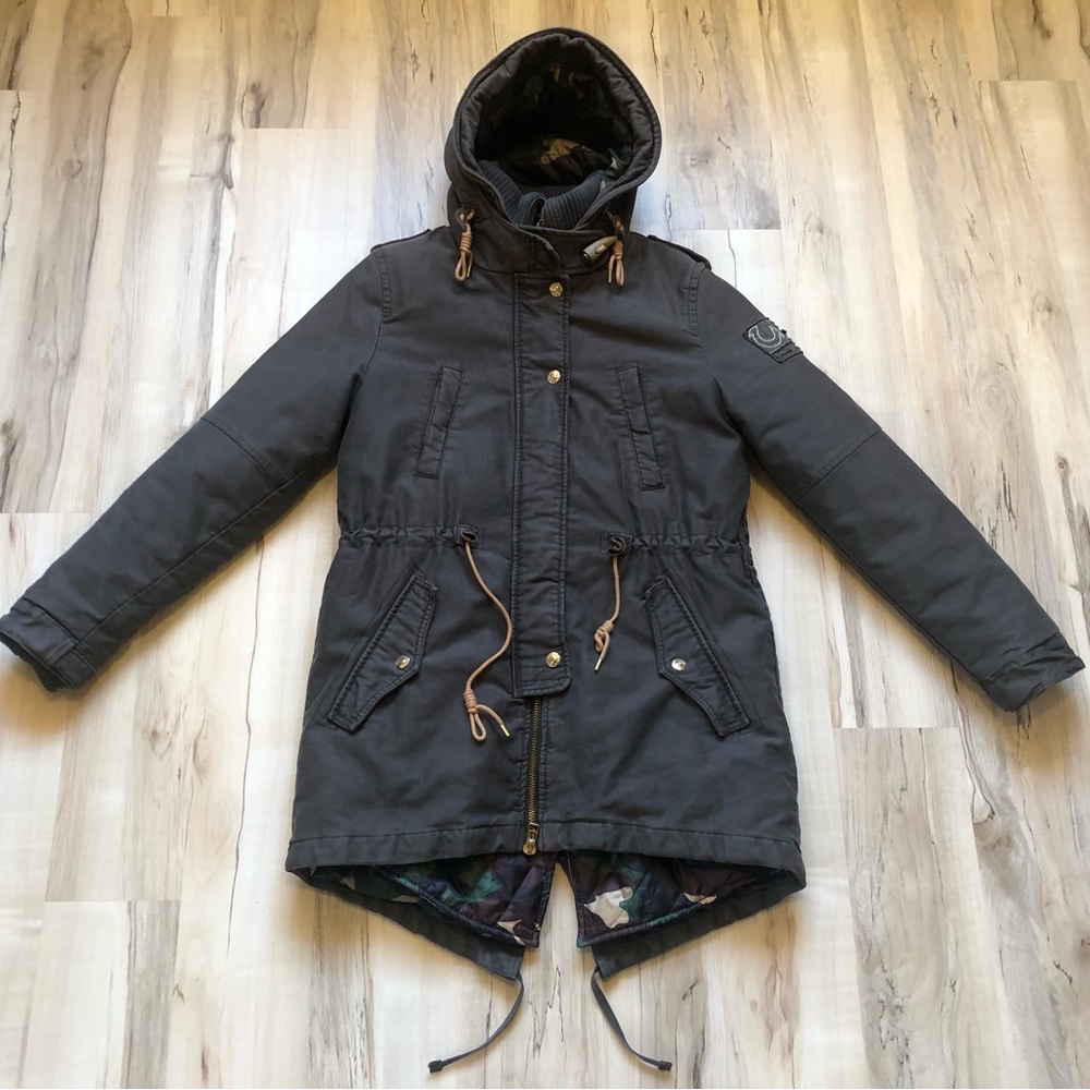 True Religion 2-in-1 Parka Jacket Coat M Detachable Camo Liner Hooded Women's